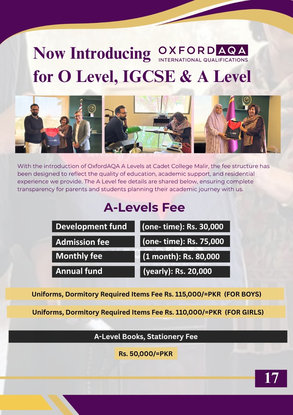 Cadet College Malir OxfordAQA A-Levels Fee Structure